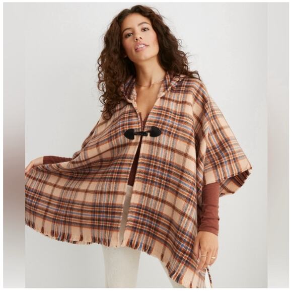 Aerie Hooded Poncho Plaid Patchwork Shall Cape Wrap Toggle Front Closure Size OS - Picture 1 of 9